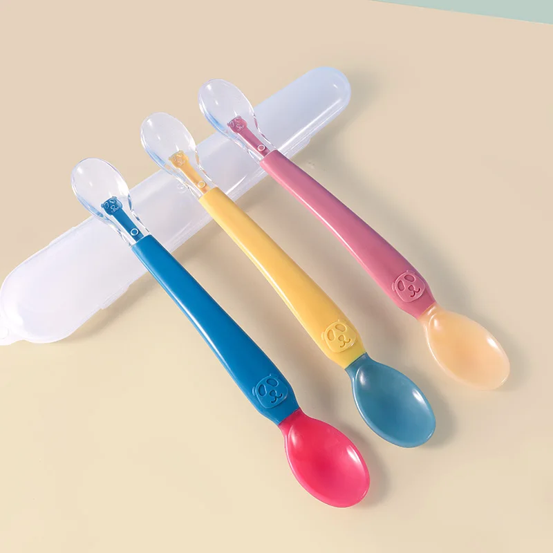 Hot Sale One-piece double heads silicone Temperature Sensing Spoon for baby