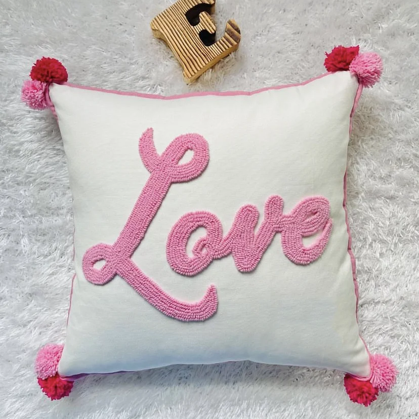 Valentines Pillow Cover Love Heart Red White Throw Pillow Cover Heart Home Bed Sofa Tufted Embroidery Punch Needle Pillow Case
