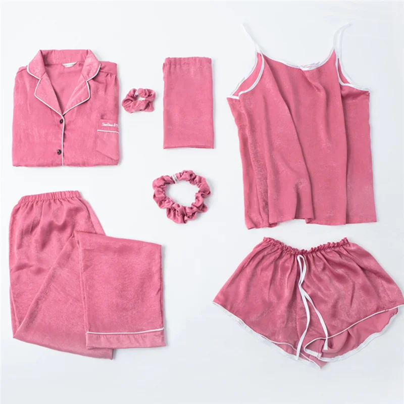 Custom Women Silk Nighty Sleepwear Sexy Satin Sexy Girls Sleepwear Pajamas Women 7 Pieces Suit Nighty Pyjamas for Women