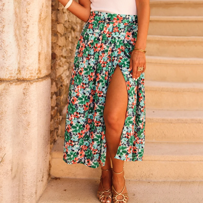 Wholesale Slit Bohemian Maxi Wrap Boho Skirt Pleated Floral Long Skirts For Women