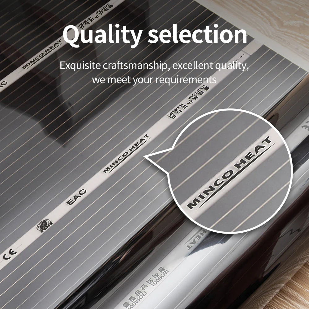 Minco Heat 220W/M2 High Efficiency Infrared Carbon Heating Film Electric Warm Floor System 50cm 100cm Width Heating Foil Mat