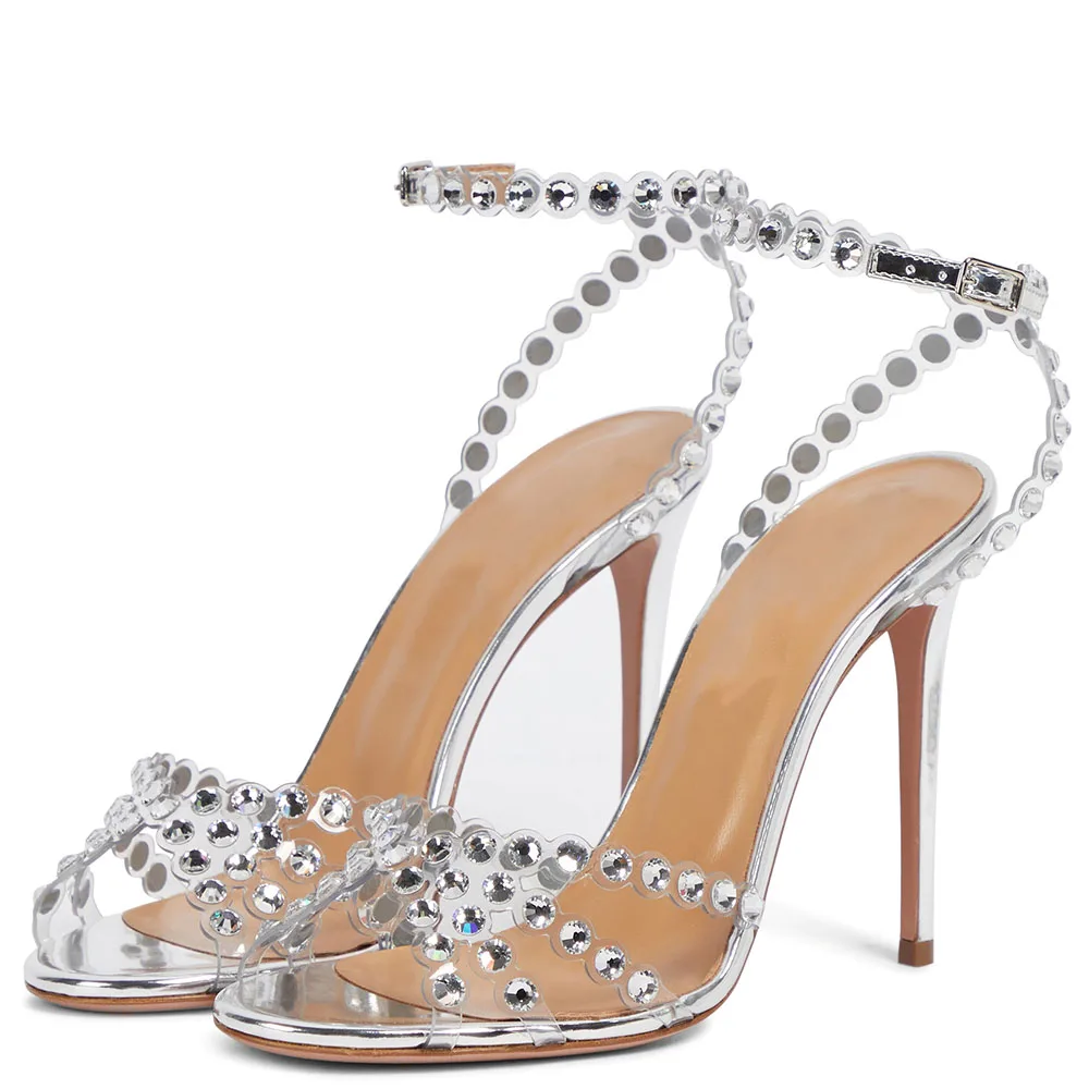 Attractive High Heel Sandal  Round Toe Sandals Buckle Ankle Strap Glistening Beads Party Shoes