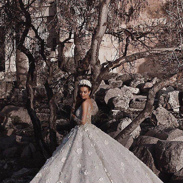 Bling Hand Beading Bride Dress Turkey Long Sleeve Istanbul Wedding Gowns Lace Robe Pour Mariage White Bridal Wedding Dress