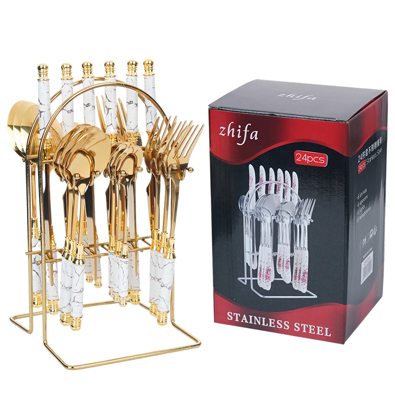 GEMEI Porcelain Handle Stainless Steel Tableware 24 Piece Cutlery Set Gift Packing Knife Fork Spoon Flatware Set