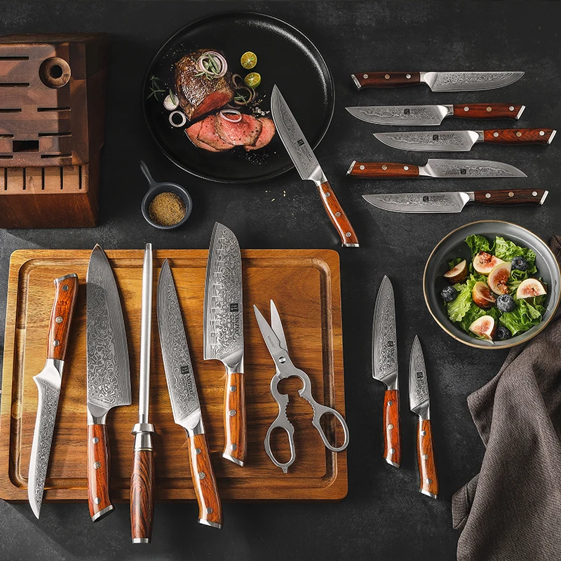 XINZUO Hot Sale 15 pcs Knife Sets Professional 67 Layers Damascus Steel Carbon Steel Kitchen Chef Knives Set with Accessories
