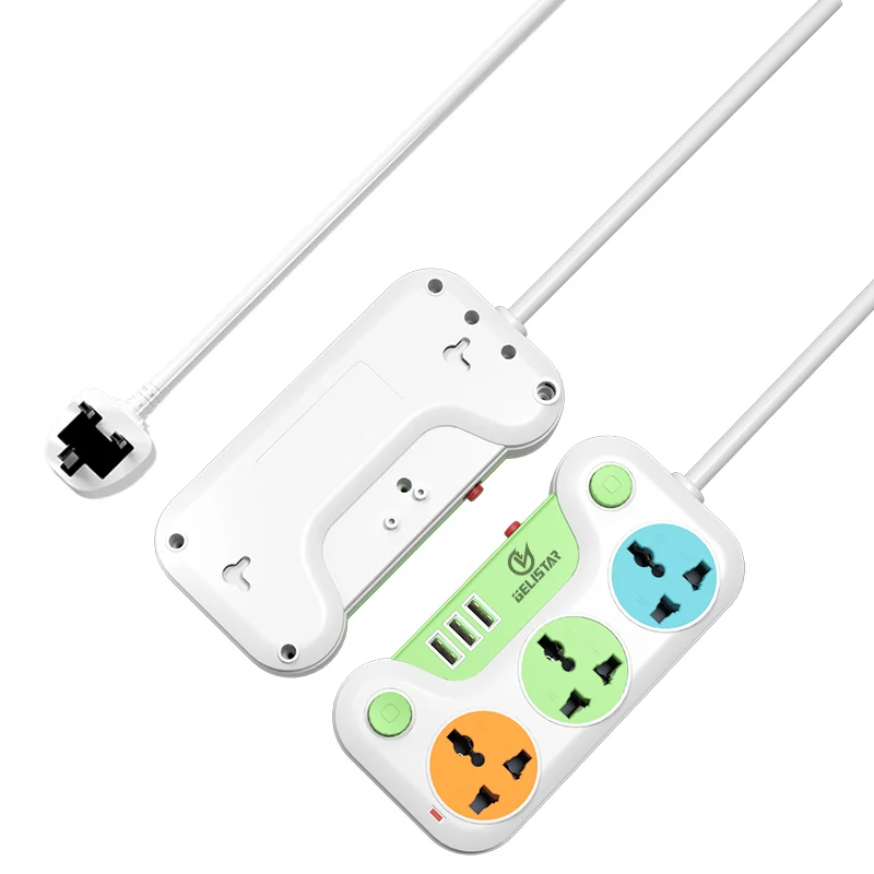 HOT sale Surge Protector 3 AC Outlet 2300w/13A  and 3 USB Charge Ports 2MExtension Cord Power Strip