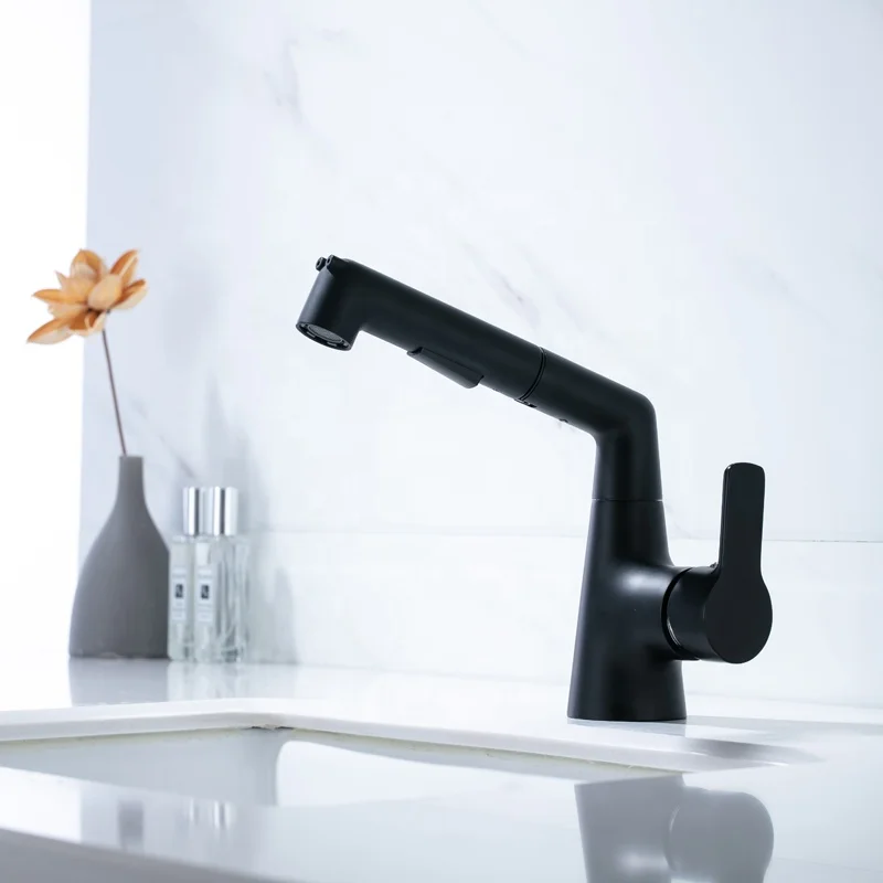 Bathroom Sink Faucet with Pull Out Sprayer Hand Shower Basin Mixer with Two Types of Water Jets