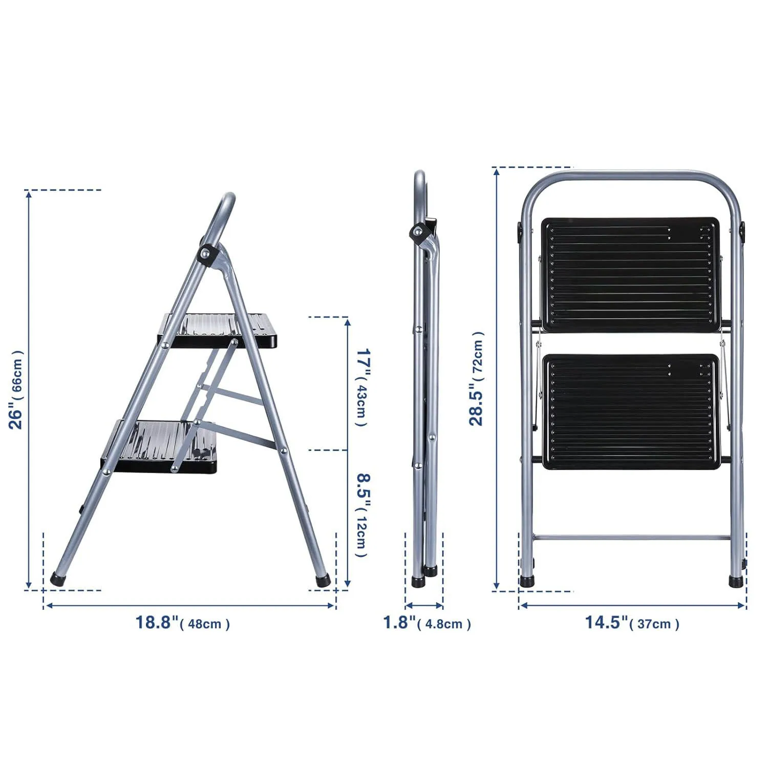 Wholesale Folding 2 Step Stool with Handrails Safety Anti-Slip Step Ladder Aluminum Widen Metal Foldable Ladder