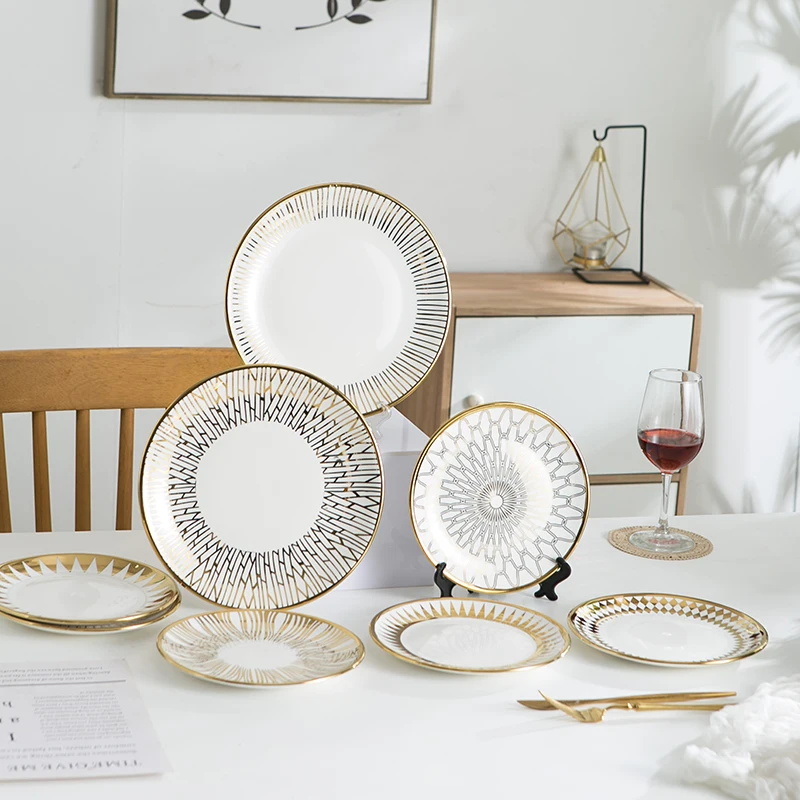 Luxury Nordic Gold Rim Design Ceramic Tableware Dinner Dishes Plates Set 8in 10inch Porcelain Steak Dessert Plates for Wedding