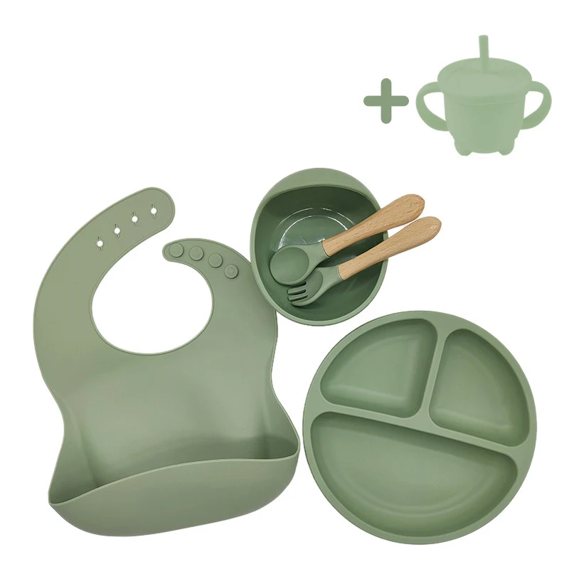 2022 Trending Supplies Eco Friendly Led Weaning Set Baby Tableware 10pcs Bib Plate Suction Bowls Silicone Baby Feeding Set