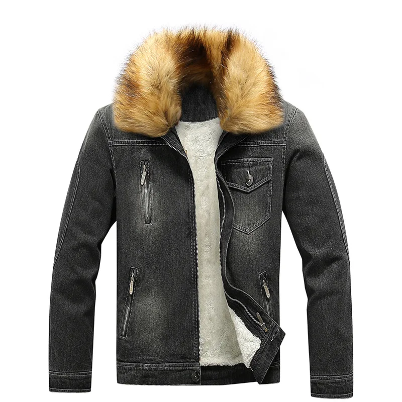 New Design Street Wear Fur Lined Mens Jean Jacket 100% Cotton Winter Warm Black Fitted Jeans For Men Denim Jacket