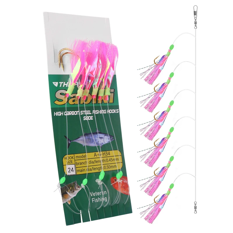 WeiHe 14# 16# 19# 20# 24# Pink Sabiki Hook With Silk Sabiki Rigs 6 Hooks In One Bag Sea Fishing Hook