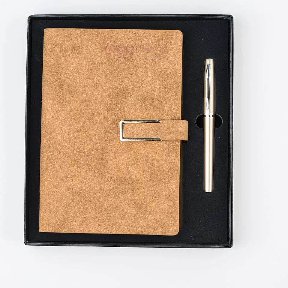 Low Price Wholesale Custom Leather Notebook And Men Gift Set In Gift Box With Elastic Band Metal Pen