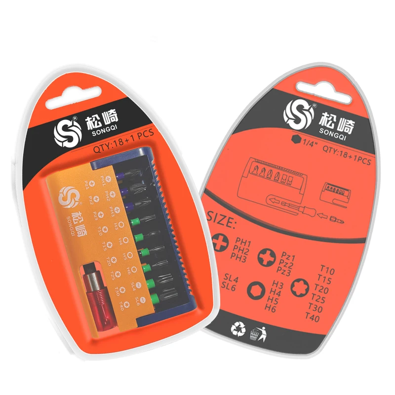 18+1pcs 25mm 1/4 inch hex Shank PH,PZ,Torx,SL,Hex bit screw driver set with S2 steel