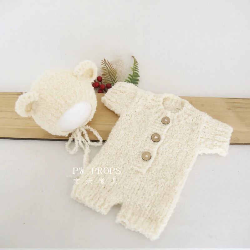 Knitted Newborn Baby Girl Teddy Bear Romper Outfit Vintage Clothes Dress Photography Props Baby Photo Props Clothes