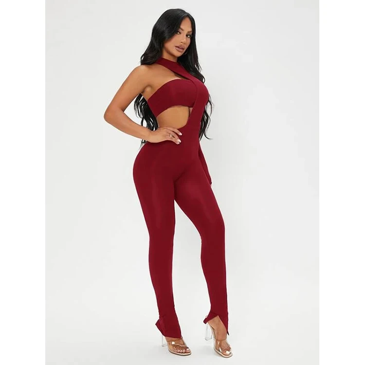 Sexy Hollow Out Mock Neck Bandage Cut Out Crop Red Tube Top Women Split Skinny Bodycon Jumpsuit