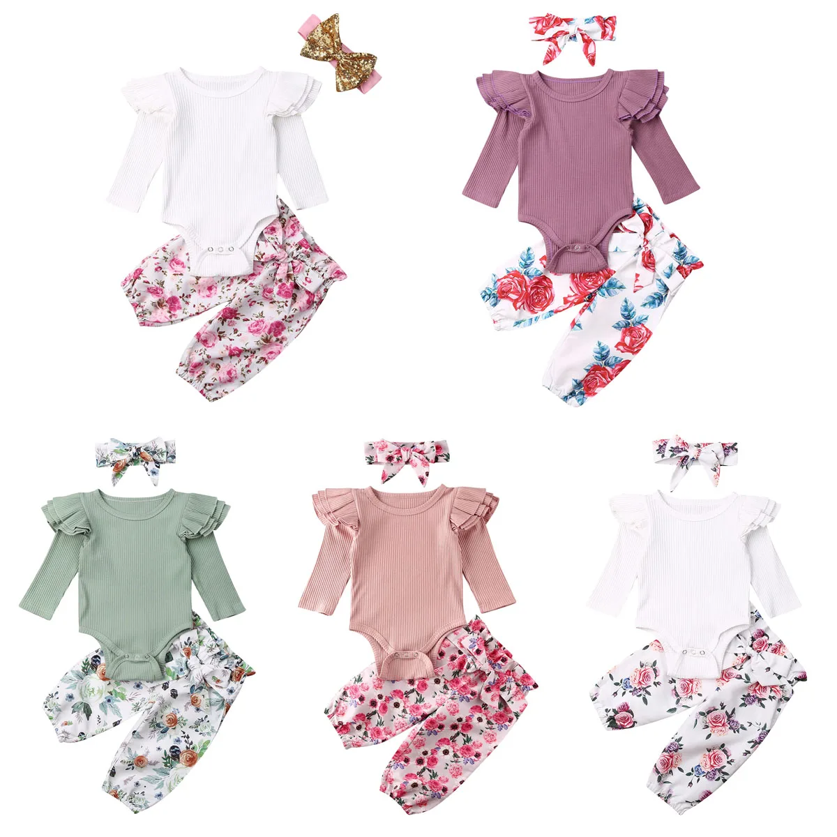 
Newborn Infant Baby Girls Tops Romper Floral Pants Outfits Set Clothes 