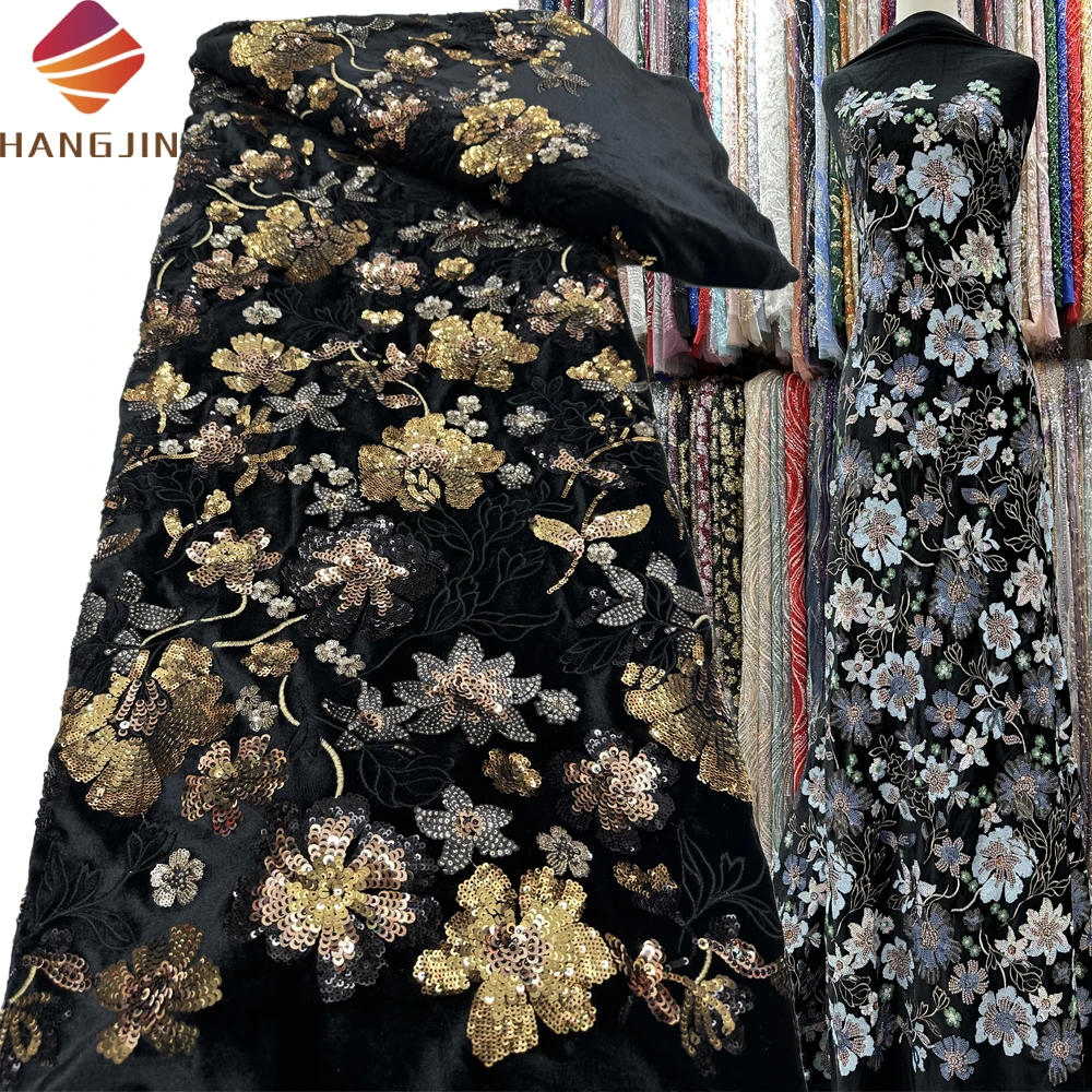 High Quality Embroidered Lace African Black Velvet Lace Fabric With Sequins Luxury Nigerian Velvet Lace For Party Dresses