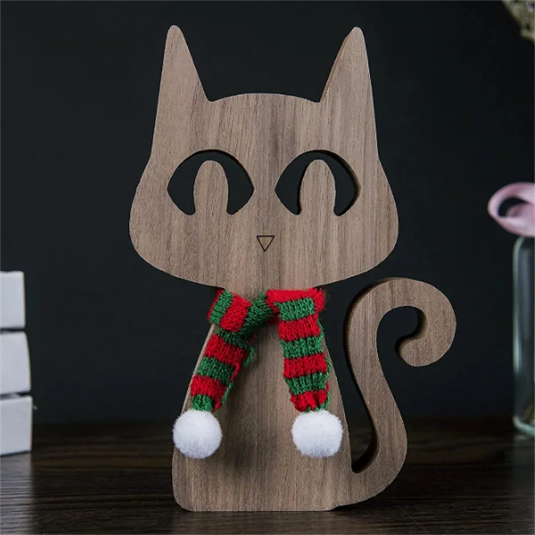 Christmas Home Table Decorations Wood Crafts Office Desk Decor Cat Sculpture Wooden Ornaments Carving Cute Pet Cat Figurines