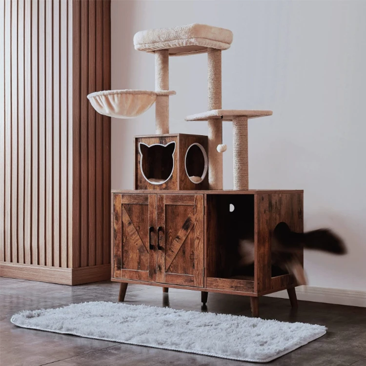 Indoor Pet Furniture Cabinet Multiple Platforms Wooden Cat Furniture Hidden Cat Washroom Litter Box Enclosure Cat Tree Tower