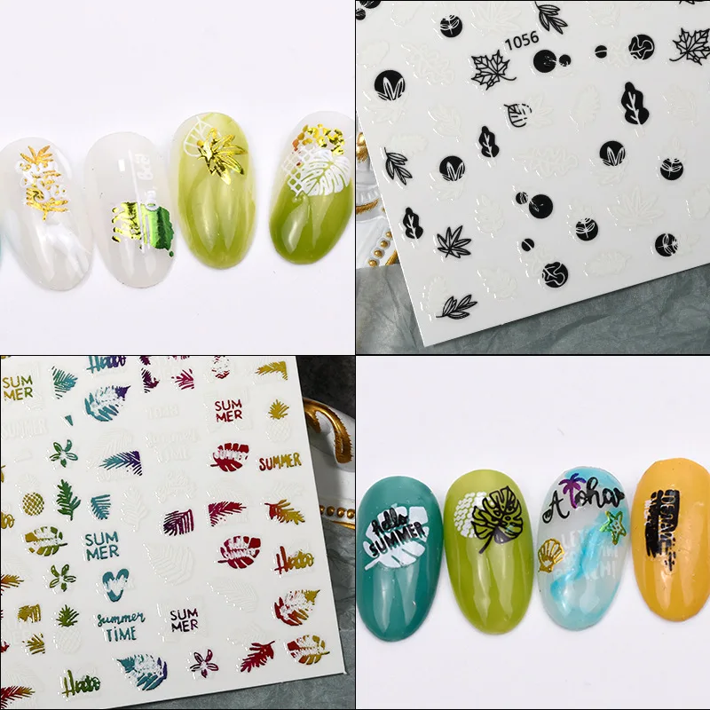 Free sample 3D Nail Art Sticker Color Autumn Leaves Nail Art Sticker Coconut Leaf Pattern Self-Adhesive Holographic Laser