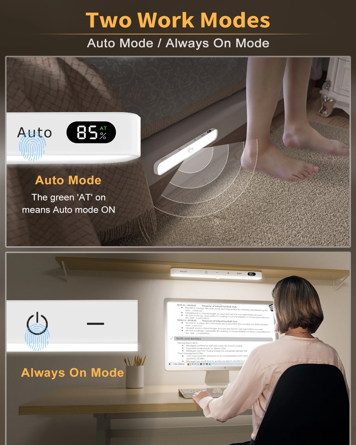 Motion Sensor Under Cabinet Light , Battery Display, 60 LED Touch Light Bar, Rechargeable, Stick on, Wardrobe, Closet, Counter