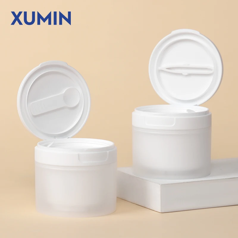 Custom Trendy Plastic PP Cosmetic Jars White Cream Jar with Flip Top Cap Facial Scrub Toner Cotton Pads Container with Tweezer