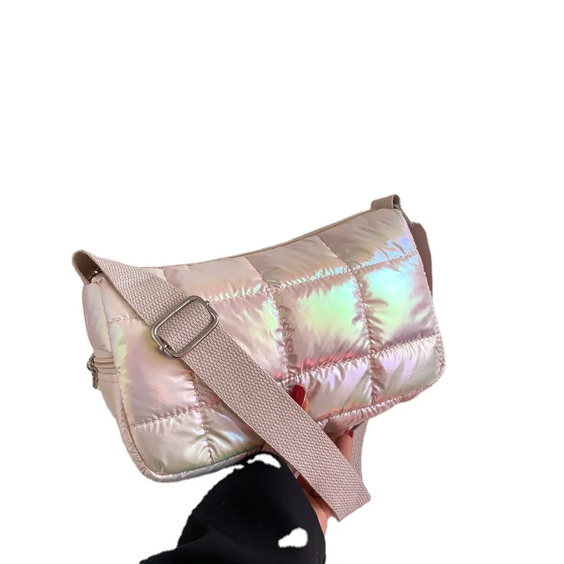 Custom INS Style Quilting Bag Shiny Metallic Nylon Square Sling Bag Holographic Laser Color Puffer Shoulder Bag for Women Ladies