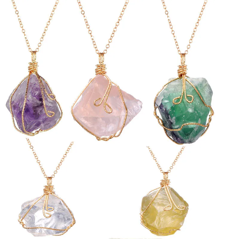 
Handmade Irregular Natural Stone Amethyst Pendant Necklaces Gold Plated Rose Quartz Crystal Wire Wrapped Necklace For Women 