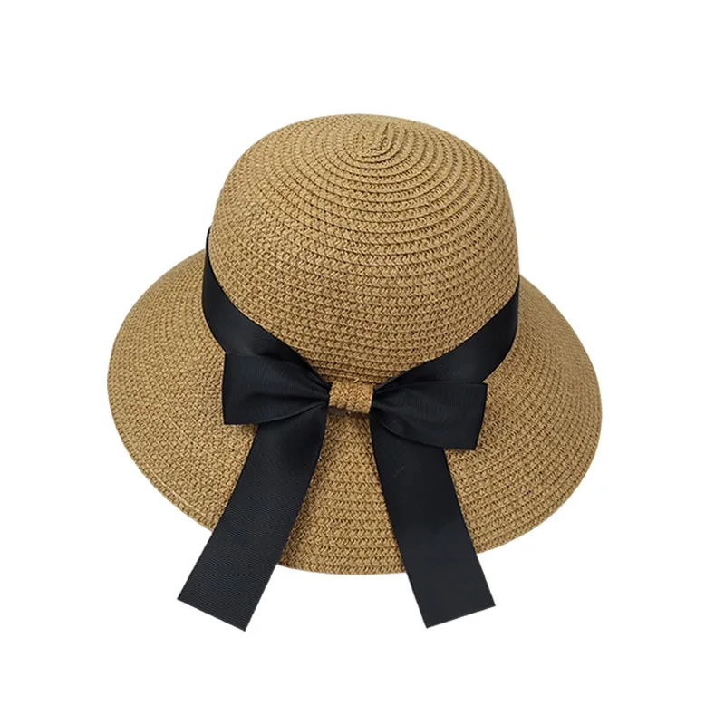 
2021 new foldable beach hat summer Korean fashion ribbon bow lady straw hat 