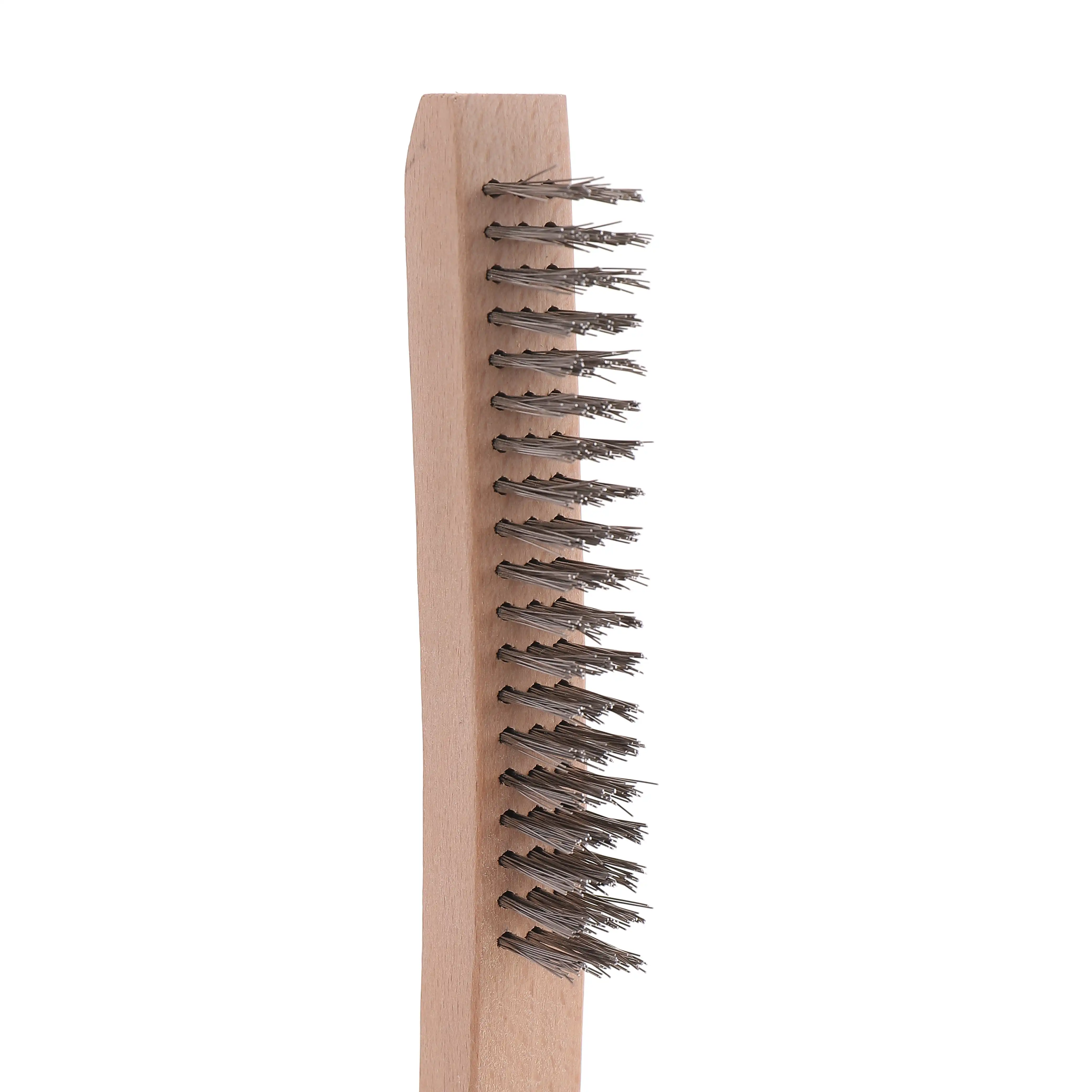 Natural custom logo wooden long handle steel wire brush cleaning metal surface wire brush with rust removal