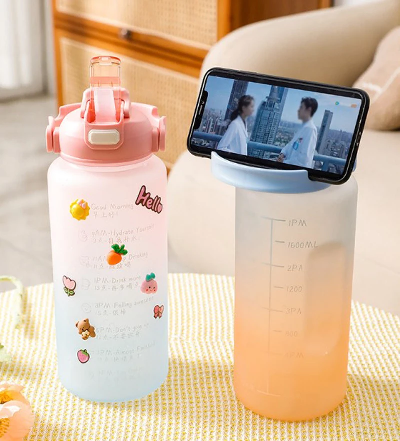 Двойная пластиковая летняя бутылка для воды со шкалой Большая вместительная чашка Высококачественная Спортивная занятий спортом на открытом воздухе