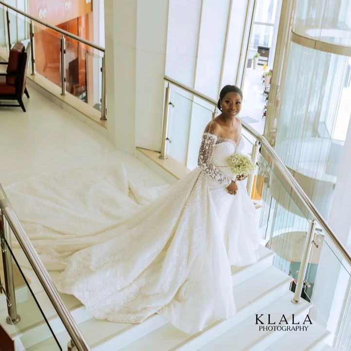 Plus size BOHO Pearl Wedding Dress Embellished Enchanting Detachable Skirt Bridal Gown Illusion Long Sleeves