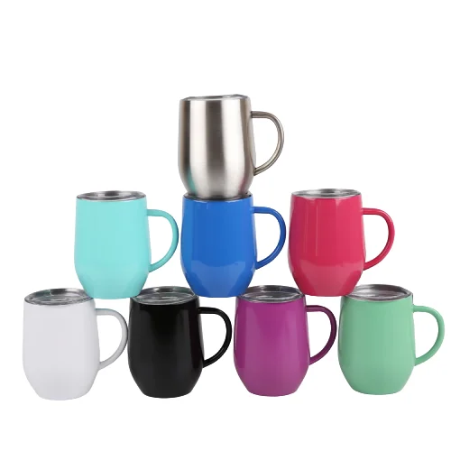 12oz Custom Double Wall Camping  egg shape BPA Free Powder Coated Insulated Coffee Mug with Lid stainless steel  beer mug with h