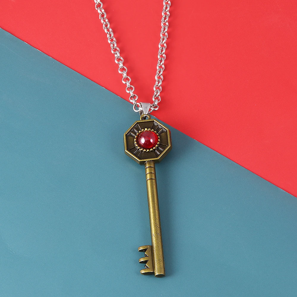 Bizarre Adventure Anime Cosplay Pendant Necklace Key Shape Inlay Ruby Bronze Color Jewelry Link Chain for Women Man Gifts
