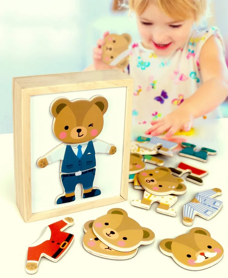Wooden Dress Bear Jigsaw Baby Puzzles with Colourful Clothes Toys Educational  Magnetic Puzzle Toys for Kids  Unisex Wood Box