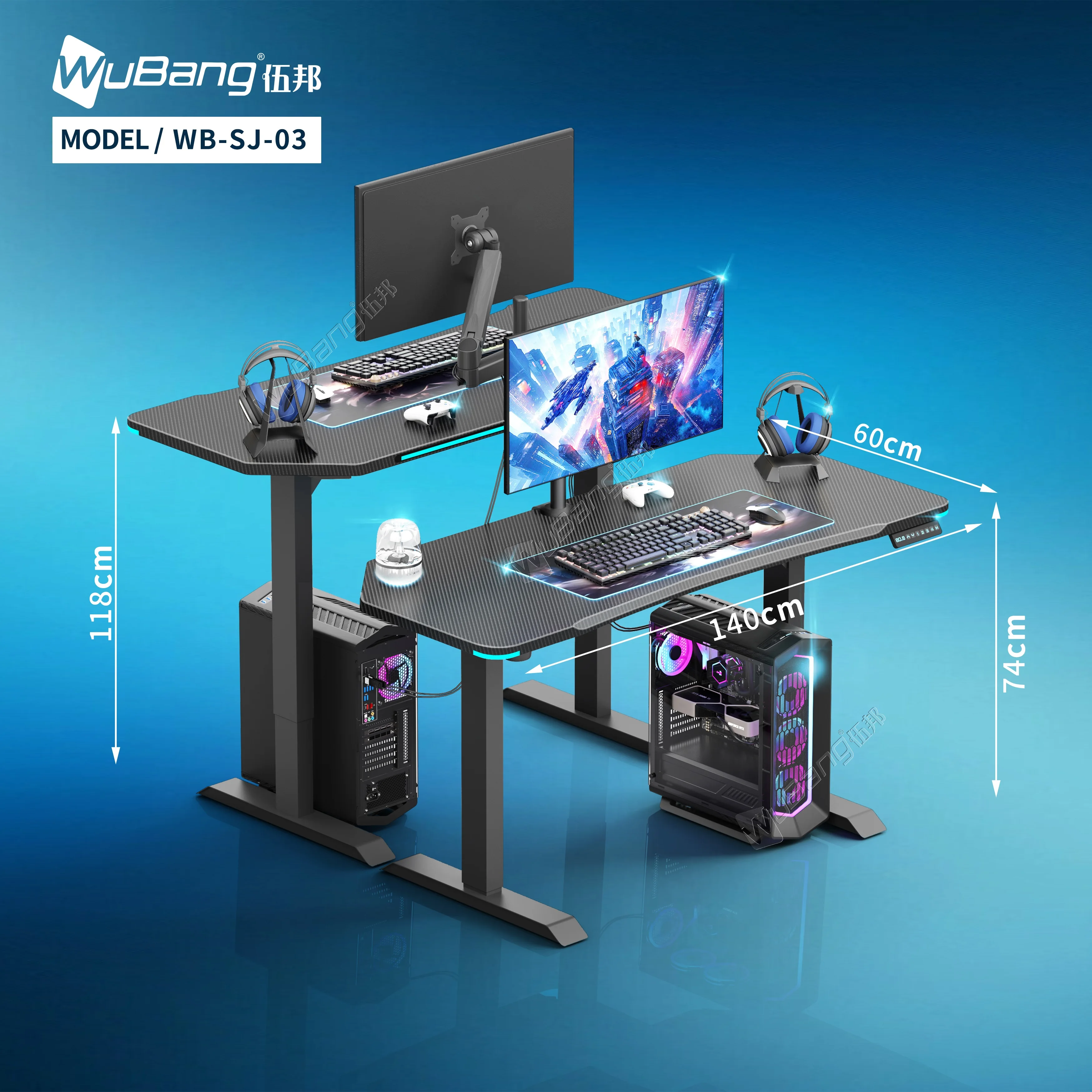 Wubang custom dual motor two stage electric height desk Office Furniture Height Adjustable Gaming Table Desk