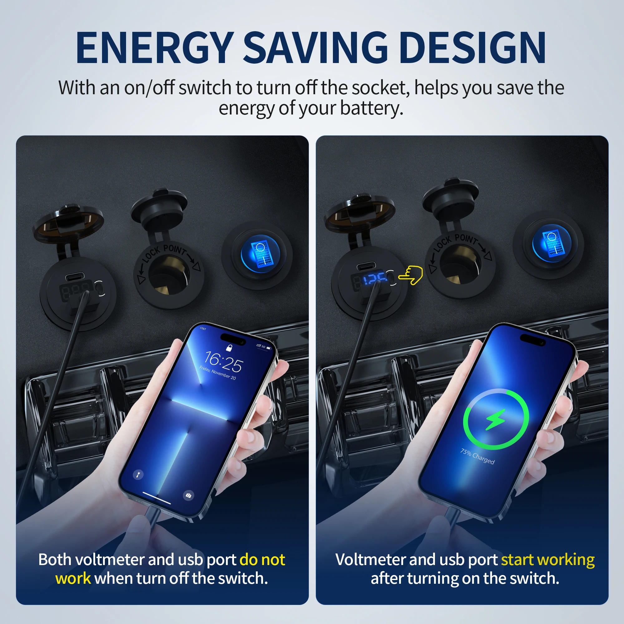 DC 12 Volt Waterproof QC3.0 USB Type C 2 Port Car Charger Dual USB Socket with 12-24V Range for RV Marine Use