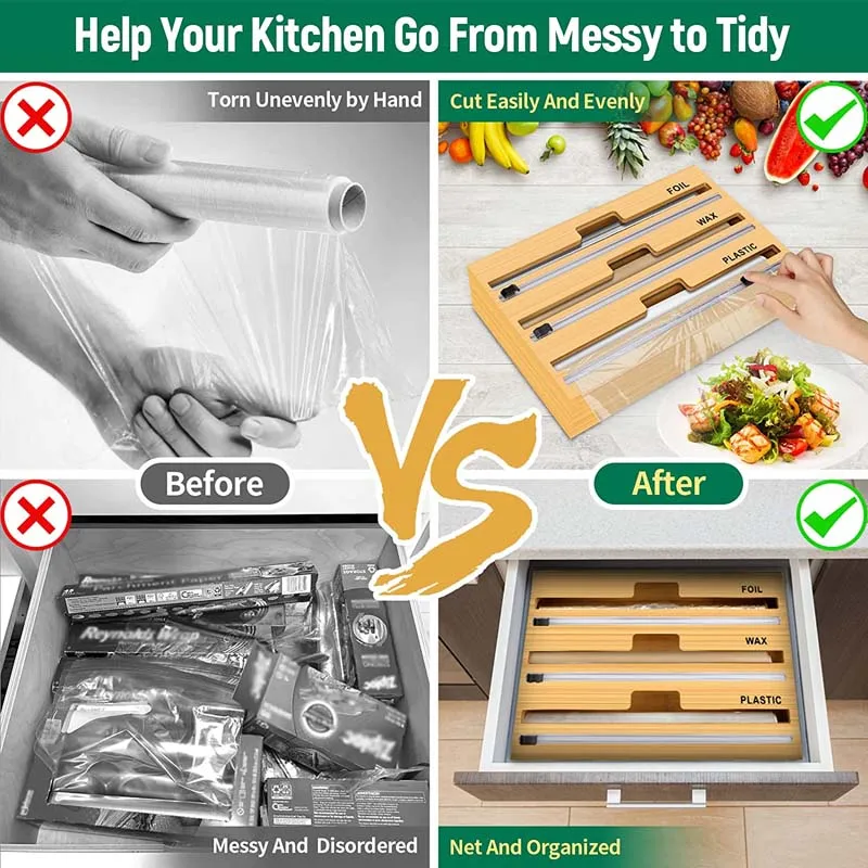 Plastic Wrap Storage Organizer 3 In 1 Bamboo Wood Plastic Wrap Dispenser With Slide Cutter