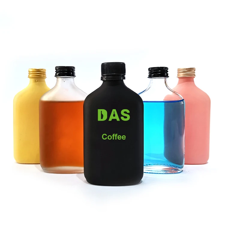 Suppliers 100ml 200ml 250ml 350ml Flat Matt Black Clear Beverage Cold Brew Coffee Flask Glass Bottle for Juice Liquor Kombucha