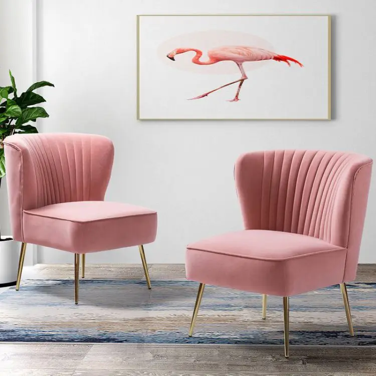 Changde midcentury minimalist modern side chair single home metal leg velvet pink accent chair (1600238371148)