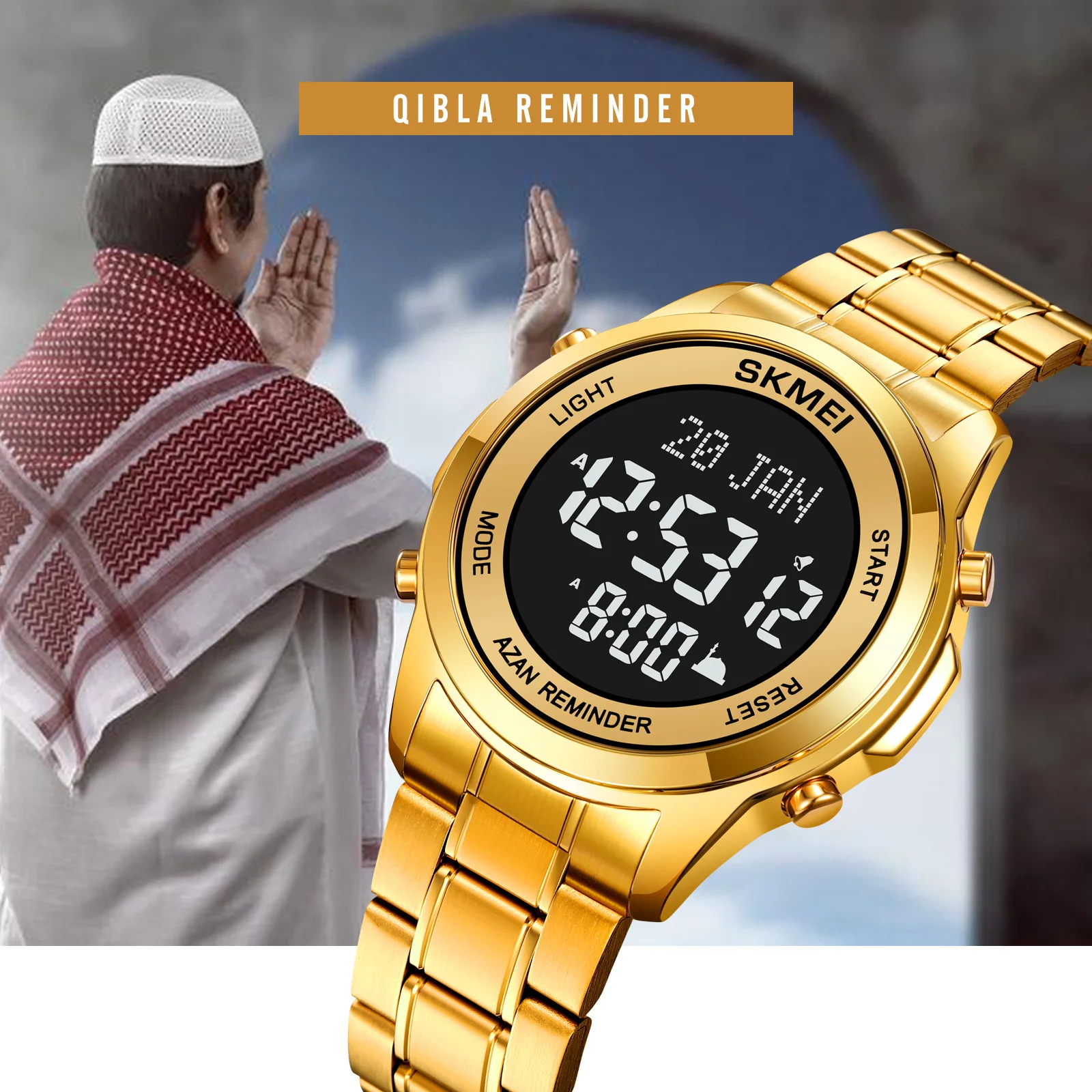 Skmei 2097 Al Azan Wrist Watch for Muslim Prayers Arabic Islamic Qibla Direction Stainless Steel Digital Watches