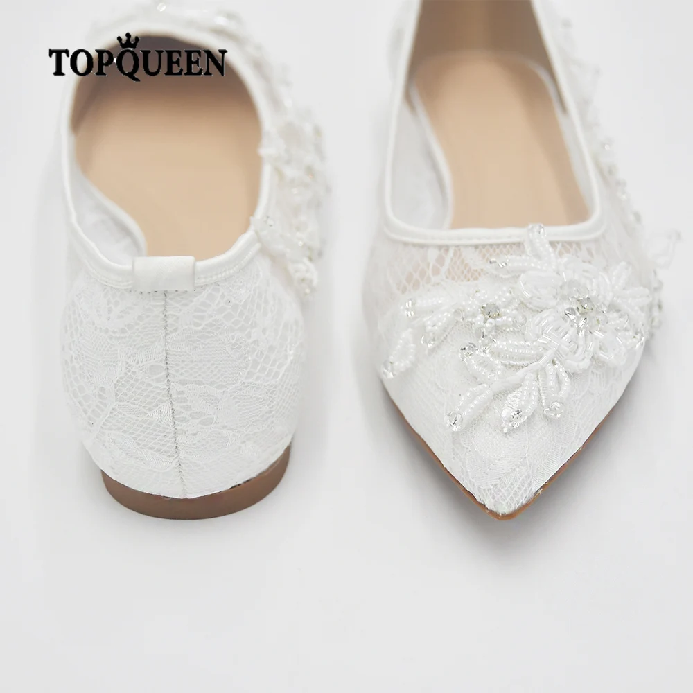 YouLaPan A40 Luxury Ladies Wedding Shoes White Beaded Lace Trim Mesh Sheer Summer Sandals Wedding Party Dress Flats