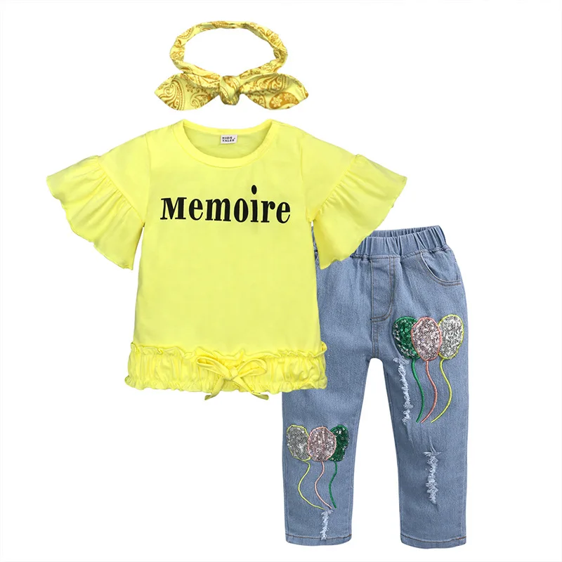 Conyson 2023 Hot Sale Summer Autumn Boutique Toddler Kids Clothing Set Baby Girls 3 Pcs beaded jeans With Headwear Kids Set