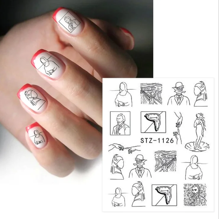 
Cross-border hot nail art stickers ins by hot black line snake pattern Van Gogh lips nail water transfer stickers nails 