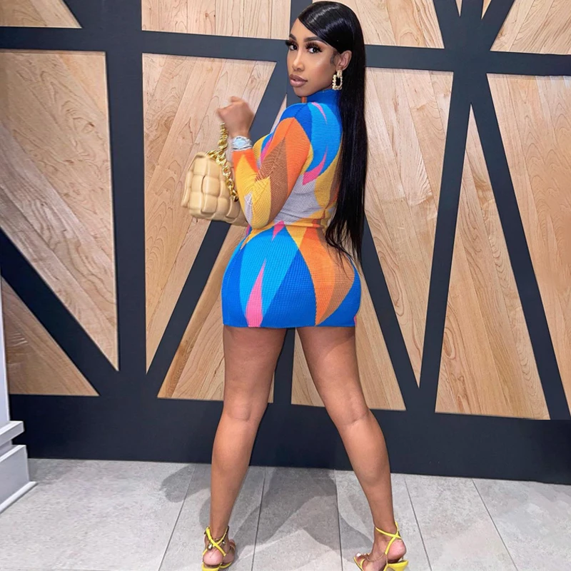 Trendy beautiful dress contrast color pretty printed O-neck long sleeves see through slim fit short dress for women