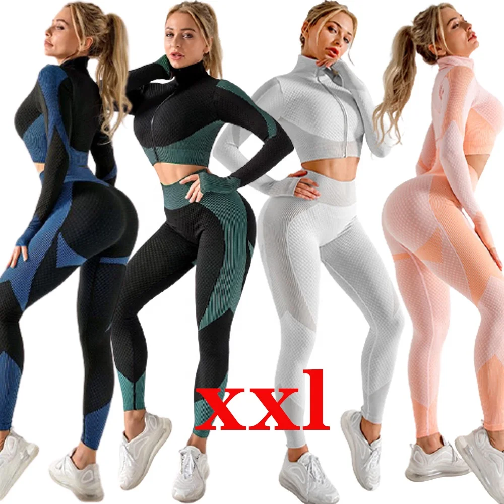 Plus Size Activewear Honeycomb Structural Fabric Workout Seamless Yoga Sets For Women Tracksuit Workout Outfits 2  Piece Set