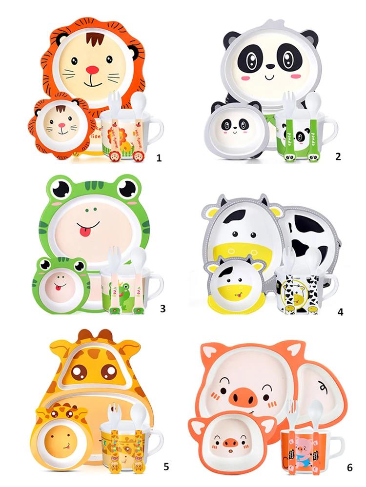 10 Design 5pcs/set Baby Tableware Cartoon Children Feeding Dishes Kids Bamboo Fiber Bowl Fork Cup Spoon Dinnerware Set