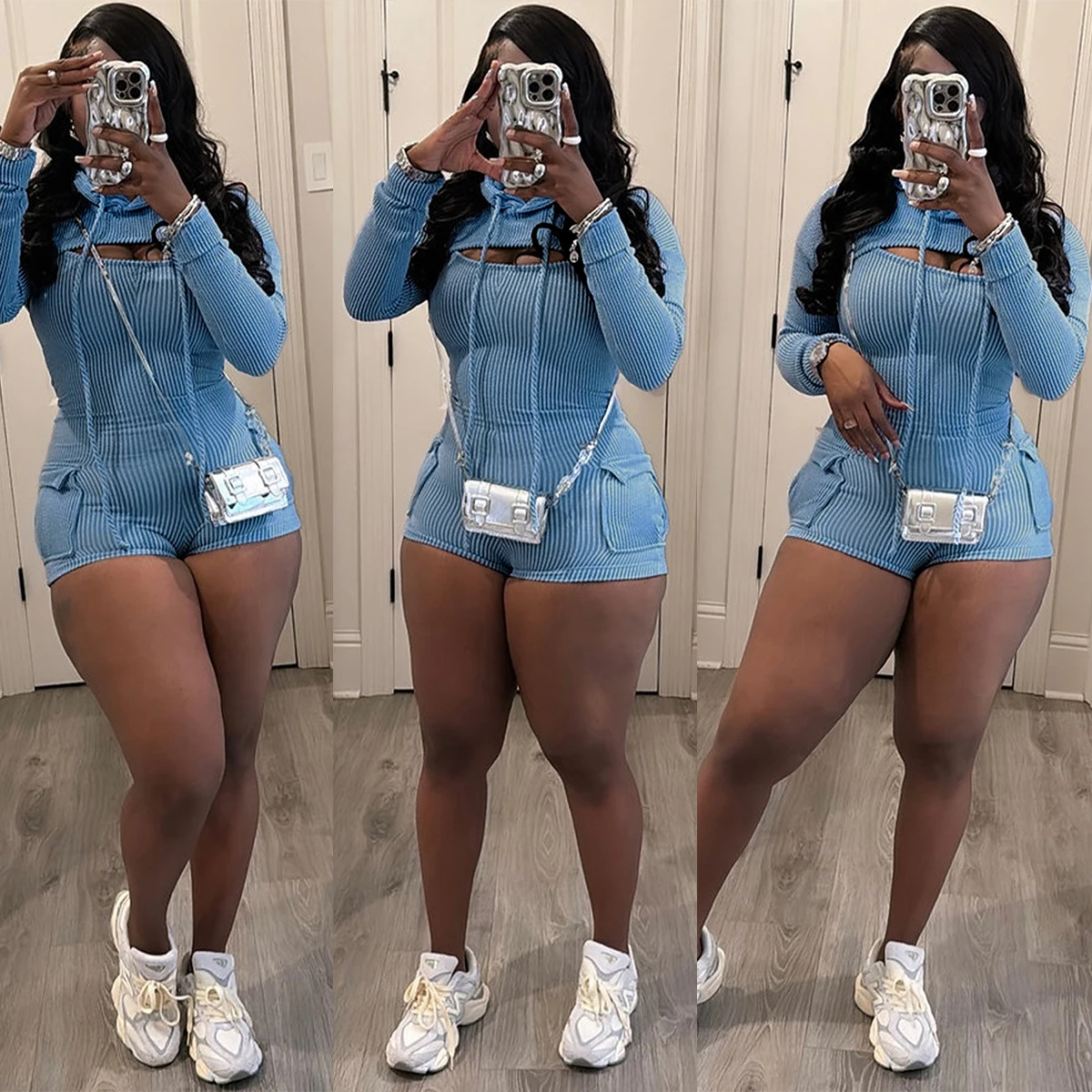 2024 Spring Fall Women Rompers Knit Slim Fit Long Sleeve Hooded Rompers Casual Streetwear Two Piece Bodysuits Women Jumpsuits