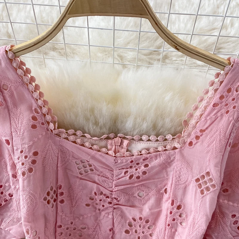 Summer ANSZKTN Square Collar Puff Sleeve Hollow Dress Fairy Style Crocheted Ruffled Slim Fit Sheath Dress Short Sleeve Dress